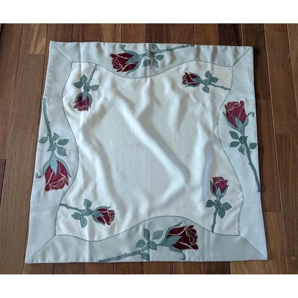 33” Square Table Cloth Linen Rose Еmbroidered Polyester